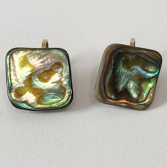 Vintage Abalone Shell Square Abstract Modernist Clip On Earrings Gold Tone - Picture 9 of 9